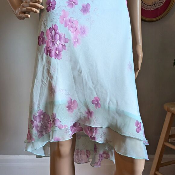 Vintage 90s Teeze Me Floral Dress Midi Watercolor Blue Cowl Jrs Size 3 - Picture 6 of 9